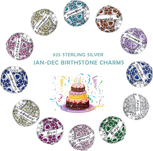 Miniatura 7 de Tedit Dijes de piedra natal de plata de ley 925, cuentas caladas con corazón de amor para pulseras y collares con circonita cúbica 5A, regalo