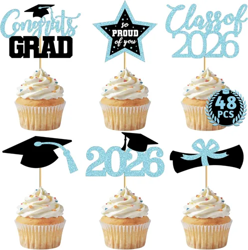 Miniatura 10 de 48 adornos para cupcakes de graduación, 6 estilos con purpurina, decoraciones de graduación en negro y rojo 2026, tapas y palillos para pasteles
