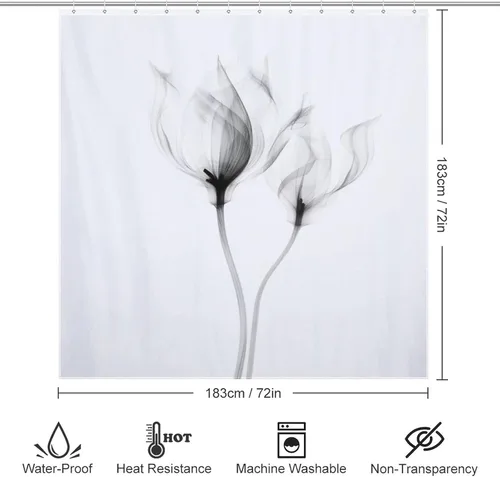 Miniatura 6 de YLATY2596 - Cortina de ducha de flores abstractas para baño, juego de cortina de ducha bohemia floral en blanco y negro, tela transparente, moderna
