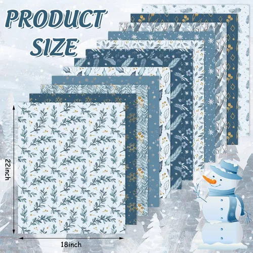 Miniatura 2 de Whaline Paquete de 12 piezas de tela de algodón blanco y azul, acuarela, Navidad, cuartos gordos de Navidad, hojas de copo de nieve blancas