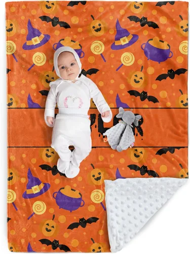 Miniatura 12 de Manta de Halloween personalizada, nombre personalizado con diseños de dibujos animados de Halloween, manta de franela de felpa suave con respaldo