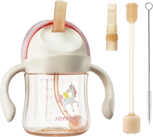 Miniatura 16 de Joypony Vasos para sorber para niños pequeños de 1 a 3 años, vaso con popote con peso a prueba de derrames con asa para bebés de 6 meses en Rosa/1