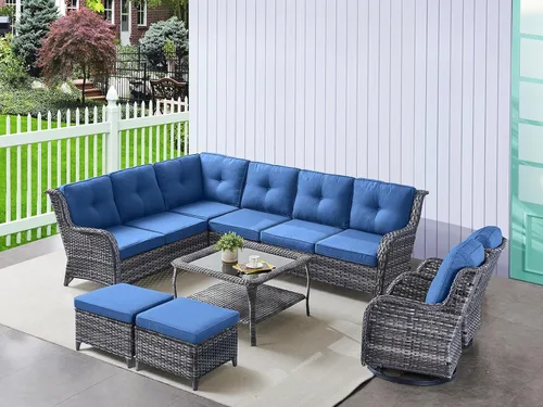 Miniatura 82 de HUMMUH Sillas Mecedoras Giratorias de Mimbre para Patio Exterior con Respaldo Alto, Sillas Deslizantes de Ratán PE, Juego de Muebles de Patio de 4