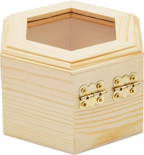 Miniatura 7 de Joyero de madera hexagonal sin terminar con ventana y hebilla francesa (paquete de 3)