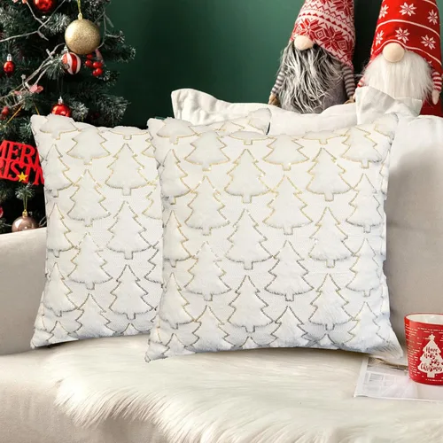 Miniatura 11 de Juego de 2 fundas de almohada de Navidad de 18 x 18 pulgadas, fundas de almohada beige con patrón de árbol de Navidad, fundas de cojín de piel
