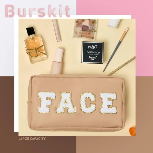 Miniatura 5 de Bolsas de maquillaje Preppy, trébol de piedra, 4 piezas, organizador de viaje, bolsa de parche, grande, letras universitarias, artículos de tocador