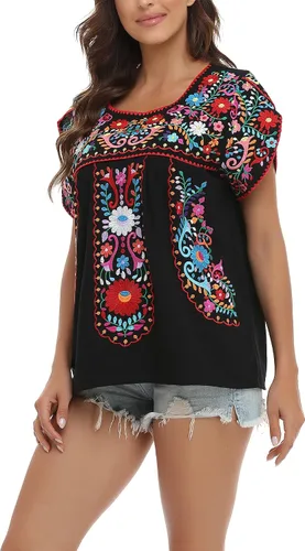 Miniatura 9 de YZXDORWJ Blusa de verano para mujer, estilo bohemio, estilo mexicano, con bordado, estilo bohemio