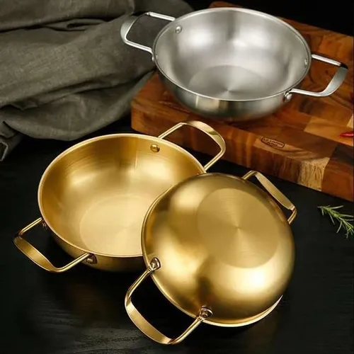 Miniatura 6 de Sartén de paella dorada de acero inoxidable de 7 pulgadas para cocinar recetas de arroz de paella fiesta en casa