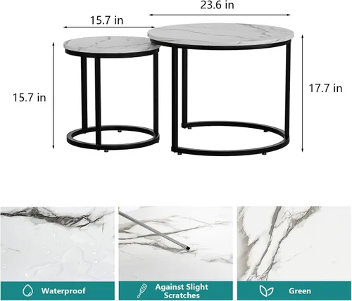 Miniatura 2 de Smuxee Juego de 2 mesas auxiliares anidables blancas, mesa auxiliar redonda de 23.6 pulgadas, parte superior de grano de madera con patas