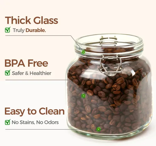 Miniatura 6 de ComSaf Paquete de 3 recipientes de café cuadrados de vidrio para bolsas de frijoles de 1 libra, tarros herméticos de 34 onzas con tapas