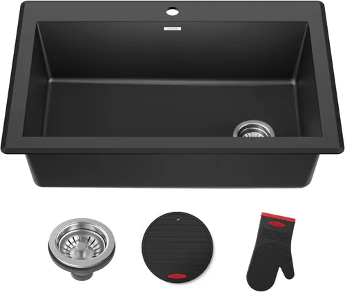 Miniatura 26 de Kraus Forteza - Fregadero de cocina de doble seno 50/50 de granito de instalación empotrada/sobre encimera, 33 pulgadas, color negro (KGD-52BLACK)