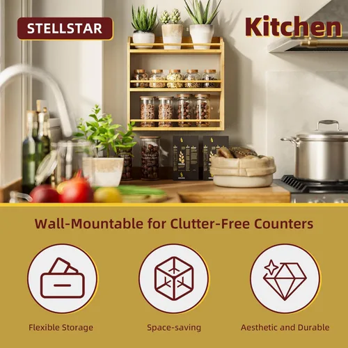 Miniatura 4 de STELLSTAR Estante para especias montado en la pared, organizador de especias para mostrador, soporte de almacenamiento de especias de bambú