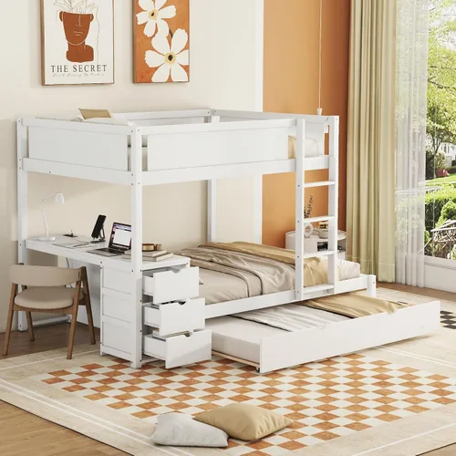 Litera de tamaño matrimonial con escritorio debajo de la cama, cama nido de tamaño individual y cajones de almacenamiento, no necesita somier Blanco