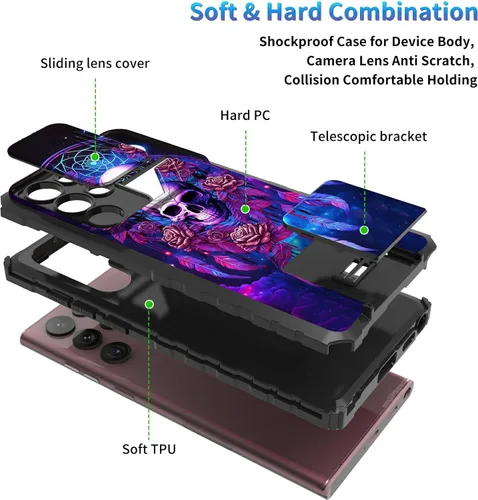 Miniatura 728 de Funda para Samsung Galaxy S22 Ultra 5G, Galaxy S22 Ultra con cubierta de cámara deslizante, funda resistente de doble capa con función atril Black