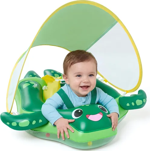 Sloosh Flotadores de natación para bebés con toldo extraíble, flotador inflable para piscina para bebé, diseño de tortuga marina, anillo de natación