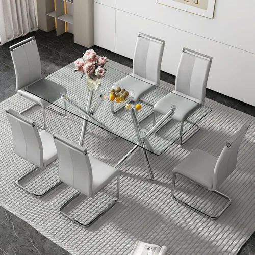 Miniatura 35 de Juego de 8 mesas de comedor de cristal, moderno juego de mesa de comedor de 71 pulgadas con 8 sillas de comedor tapizadas de piel sintética