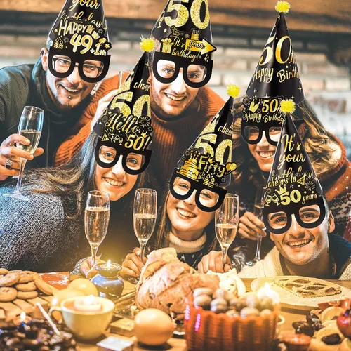 Miniatura 6 de 26 piezas de decoración de fiesta de cumpleaños número 50, kits de gafas y sombreros, gafas y sombreros de papel temáticos negros y dorados