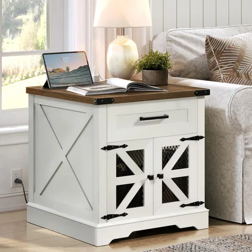 RALGEND - Mesa auxiliar blanca estilo granja con estación de carga, mesa auxiliar grande de 24" para sofá, mesa auxiliar grande para sala de estar,