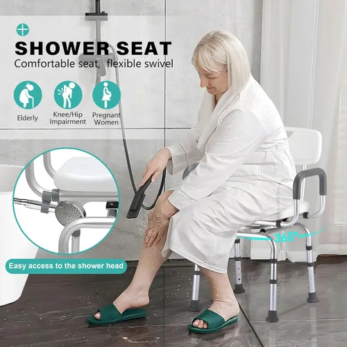Miniatura 6 de PETKABOO Silla de ducha giratoria de 360 grados, asiento portátil con reposabrazos y respaldo, asiento de altura ajustable para bañera (blanco 1)