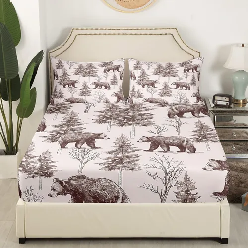 Miniatura 3 de Juego de ropa de cama de oso tamaño individual con diseño de osos y ramas de árbol genealógico, sábana bajera ajustable con diseño de árboles
