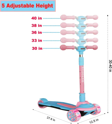 Miniatura 2 de Patinete plegable para niños de 3 a 12 años, 5 alturas ajustables con 3 ruedas de luz LED, actividades al aire libre para niños y niñas, carga Rosa