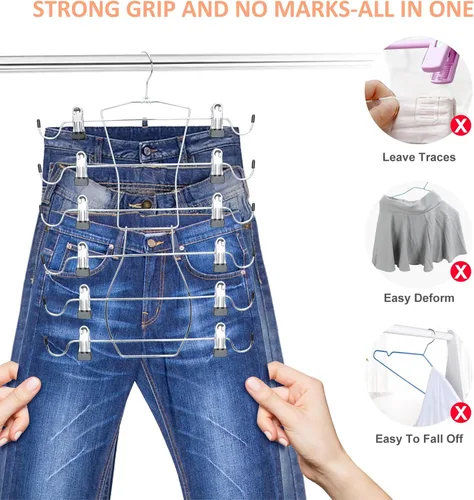 Miniatura 5 de Paquete de 2 perchas para pantalones de 6 niveles que ahorran espacio, perchas para faldas, organizadores de armario y almacenamiento con clips