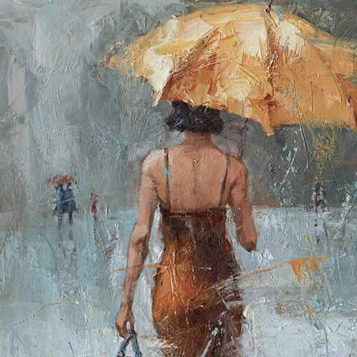 Miniatura 3 de Lienzo de pared con paraguas de niña con vestido caqui caminando en la calle lluvia pintura arte moderno lienzo abstracto obra de arte
