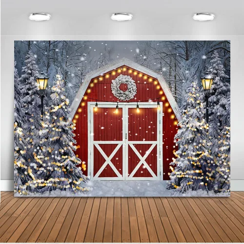 Mocsicka Telón de fondo rojo de granero de invierno, escena de nieve de invierno, decoración de fiesta de Navidad, festival de Navidad, decoraciones