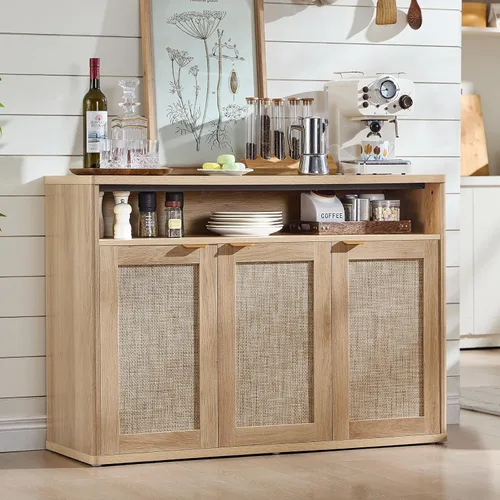 Miniatura 9 de LEYAOYAO Gabinete de buffet acanalado con almacenamiento, aparador de madera de 45 pulgadas de ancho con 3 puertas y estante de almacenamiento