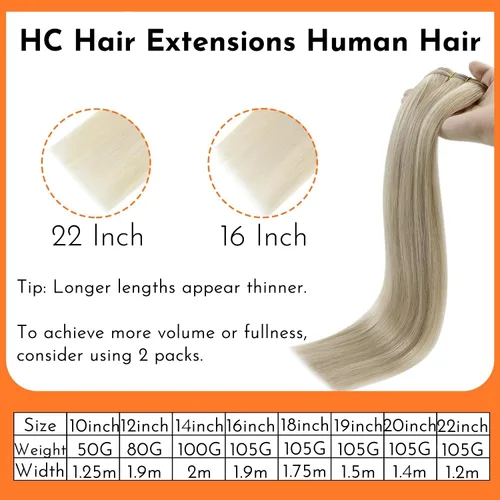 Miniatura 2 de HC Extensiones de cabello humano Remy de 18 pulgadas, cabello lacio de doble trama, cabello cosido con reflejos rubio ceniza mezclado con rubio