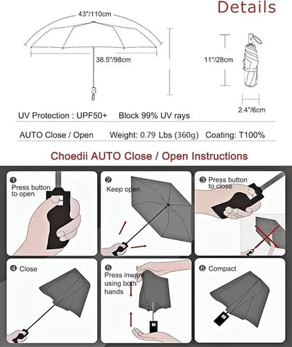 Miniatura 7 de Paraguas solar con protección UV UPF 50+ compacto portátil para viaje, parasol de apertura automática a prueba de viento e impermeable, plegable