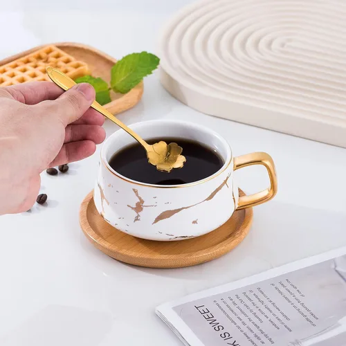 Miniatura 4 de Jusalpha Juego de taza de té y platillo de bambú de 300 ml con impresión de mano dorada de lujo, patrón de mármol de moda para mujeres TCS19 (blanco)