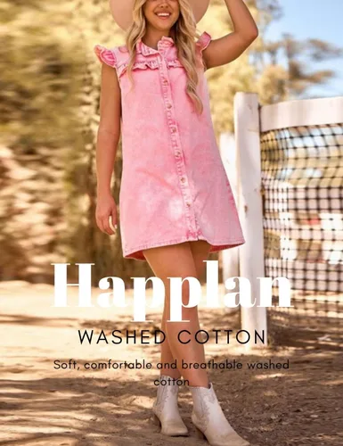 Miniatura 5 de happlan Vestido de mezclilla con botones y cuello de loto desgastado para mujer