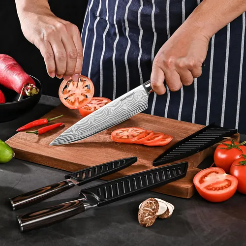 Miniatura 5 de Juego de cuchillos de cocina profesionales de acero inoxidable de alto carbono, 3 cuchillos japoneses ultra afilados con funda, mango ergonómico