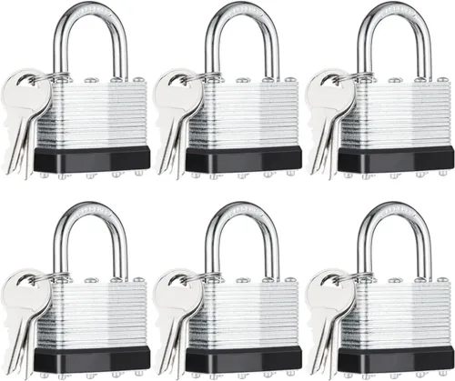 6 candados con las mismas llaves, acero laminado negro plata (1-9/16 pulgadas, 1.575 in), grillete normal para cobertizos, puertas, vallas, caja de