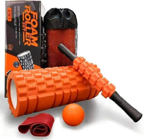 Miniatura 7 de Juego de rodillos de espuma 5 en 1: rodillo de punto gatillo, palo de yoga, pelota de masaje, correa de estiramiento de fitness, bolsa de Naranja
