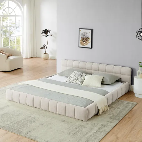 Miniatura 31 de Base de cama tapizada tamaño California King con tela de felpilla gruesa, cama de plataforma con cabecero copetudo, marco de madera maciza, diseño