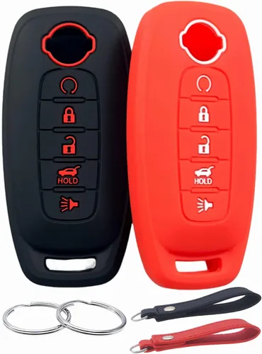 REPROTECTING Funda de goma de silicona para llavero compatible con Nissan Pathfinder Rogue (5 botones, negro y rojo)