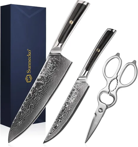 Miniatura 10 de Sunnecko Juego de Cuchillos de Cocina Damascus de 3 Piezas, Juego de Cuchillos de Chef Afilados Juegos de Cuchillos de Cocina Profesionales Full
