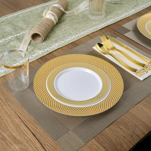 Miniatura 5 de FOCUSLINE Juego de 102 platos de plástico dorados desechables con borde de rejilla dorada, 51 platos llanos de 10 pulgadas y 51 platos de ensalada
