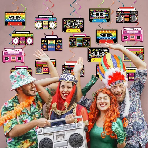 Miniatura 5 de 60 espirales colgantes retro Boombox de los años 80 y 90 para fiesta, decoración colgante de cassette, cinta de casete, serpentinas de techo
