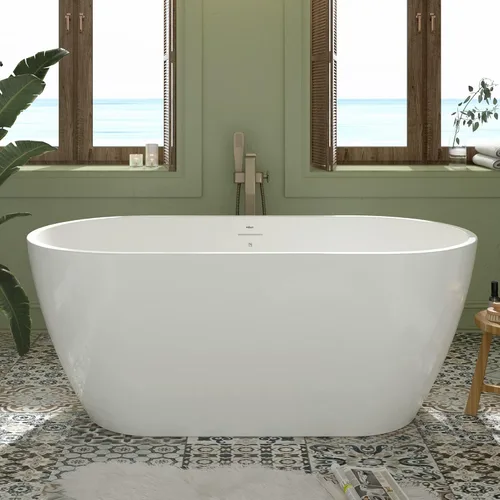 Miniatura 35 de FerdY 59" Bañera de acrílico independiente Bali Elite, bañera independiente de inmersión con forma elegante, certificada cUPC, desagüe negro Toe-Tap