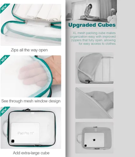 Miniatura 5 de Cubos de embalaje de compresión de viaje Juego de cubos de embalaje de malla transparente para maletas, bolsas organizadoras de equipaje
