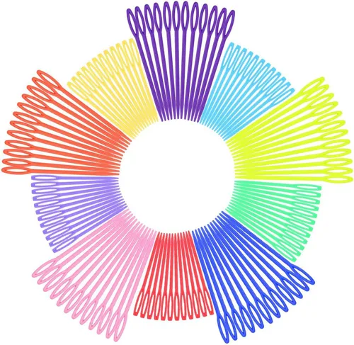iFergoo - 100 agujas de coser de plástico, 50 agujas coloridas para manualidades de ojos grandes de 3.5 pulgadas y 50 agujas de aprendizaje de