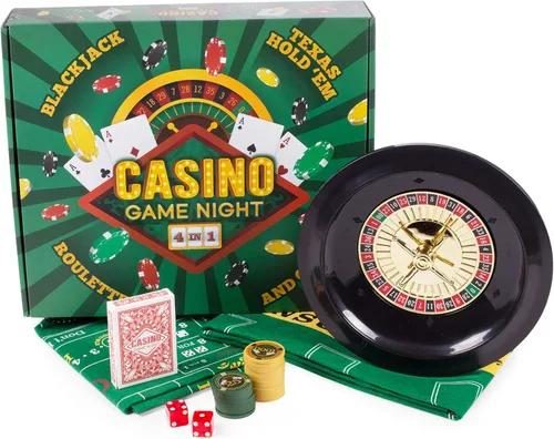 Miniatura 7 de Brybelly Casino Night - Juego completo 4 en 1 con fieltros, rueda, 100 fichas, dados y cartas para blackjack, craps, ruleta y Texas Hold'em - Tapete
