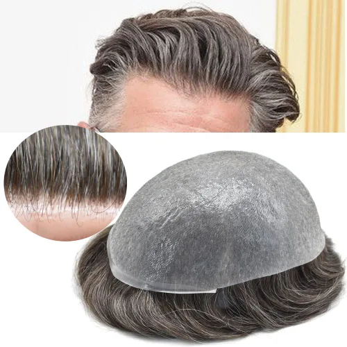 Miniatura 50 de Mens Toupee Remy pieza de cabello humano para hombres 0.002 in ultra fina piel tupé para hombres V-Looped Hairpiece para hombres sistema