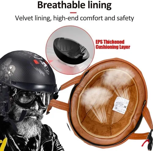 Miniatura 4 de Casco Moto Retro ABS Ligero 22.93 oz DOT Homologado - Medio Casco Jet para Hombre y Mujer con Doble Ventilación, Forro Desmontable y Hebilla Rápida