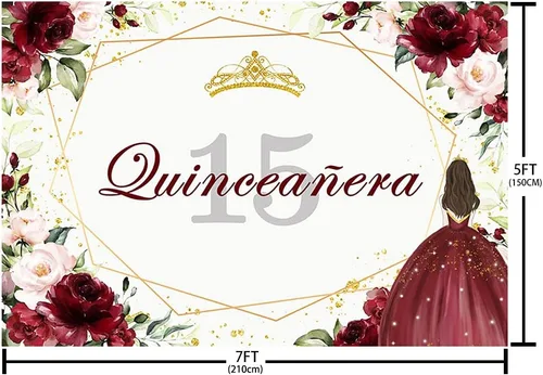 Miniatura 5 de Telón de fondo de feliz cumpleaños número 15 de 7 x 5 pies para niña, quinceañera, fondo de flores rojas burdeos, corona dorada, decoración
