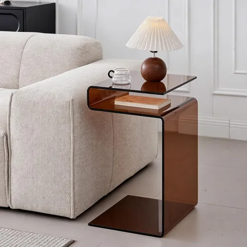 Miniatura 4 de Mesita de noche de cristal, mesa auxiliar, mesa auxiliar en forma de S para sala de estar, mesita de noche para dormitorio (marrón)