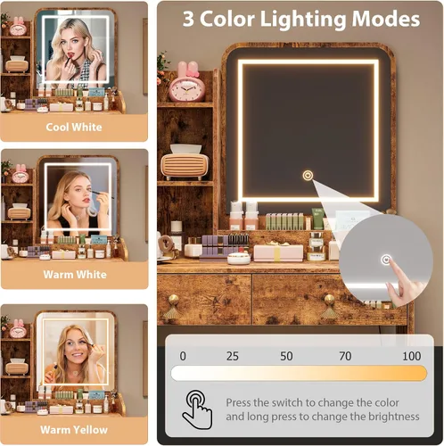 Miniatura 4 de GarveeHome Escritorio de tocador con espejo de luz LED y estación de carga, pequeño juego de mesa de tocador de maquillaje con cajones